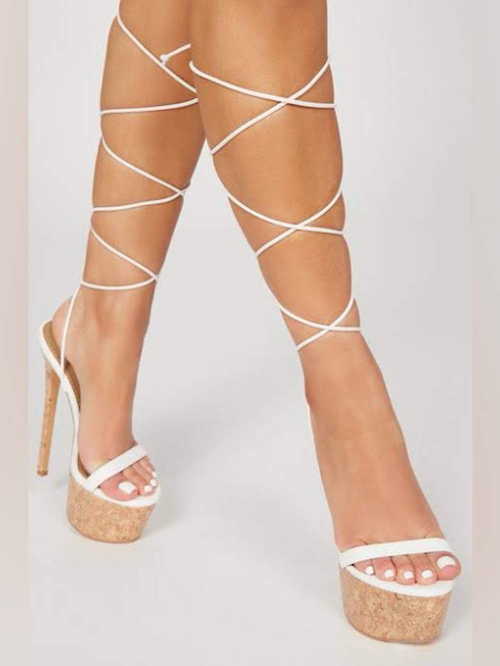 White Lace-Up Cork Platform Sandals - Women